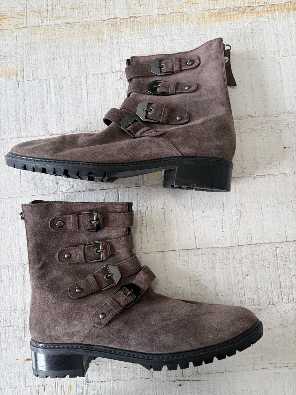 Stuart Weitzman Jitterbug Boots size 8 Dark Taupe Suede Moto Buckle Lug Sole